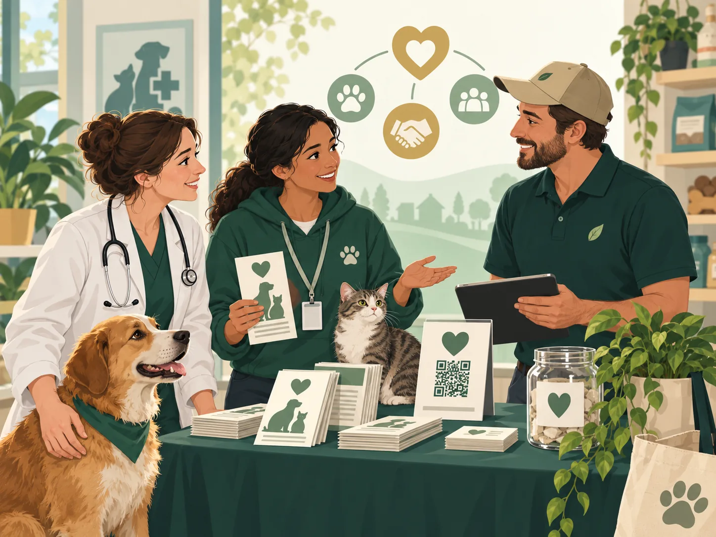 Veterinary, rescue and community partners collaborating around Help My Pet outreach materials.