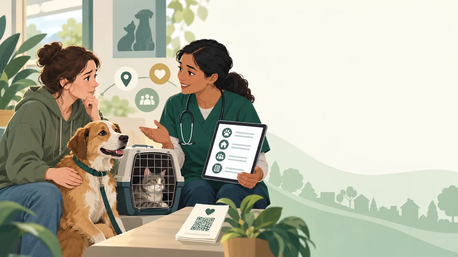 Pet caregiver speaking with a veterinary professional beside a dog and cat while reviewing help resources.