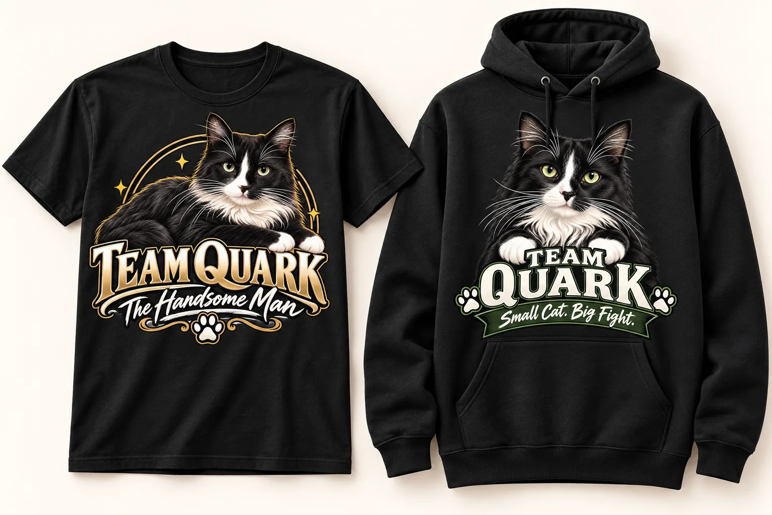 Concept mockups of Team Quark fundraising T-shirt and hoodie designs.